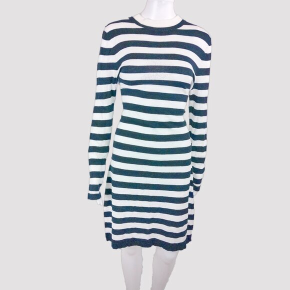 French Connection Black & White Striped Knit Aline Long Sleeve Midi Mock Dress - Picture 1 of 7